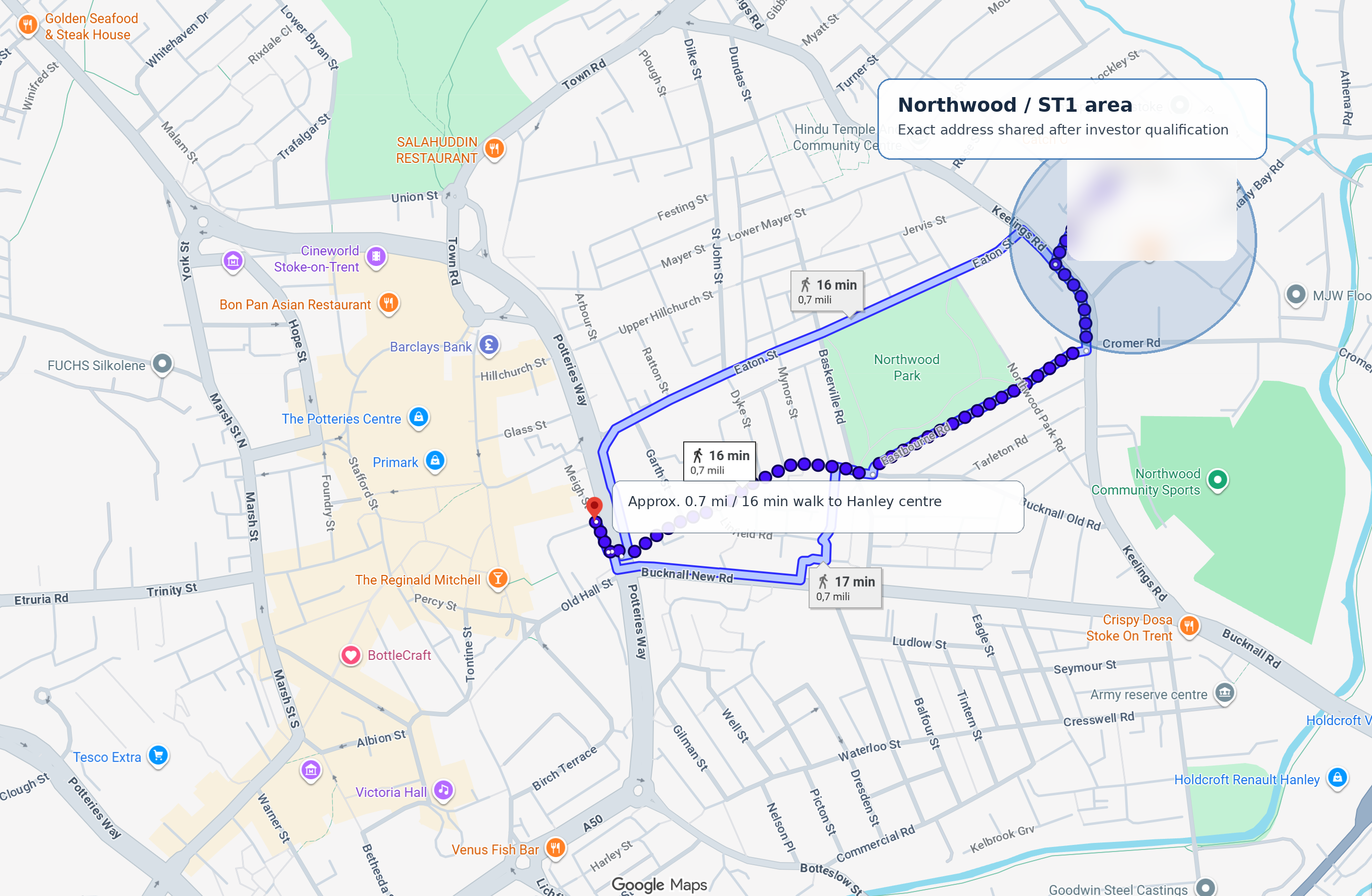 Public Northwood ST1 area map showing walking context to Hanley